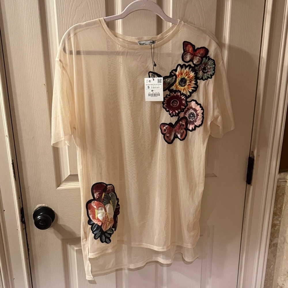 Zara Cream Sheer Tee with Floral & Butterfly Embroidery